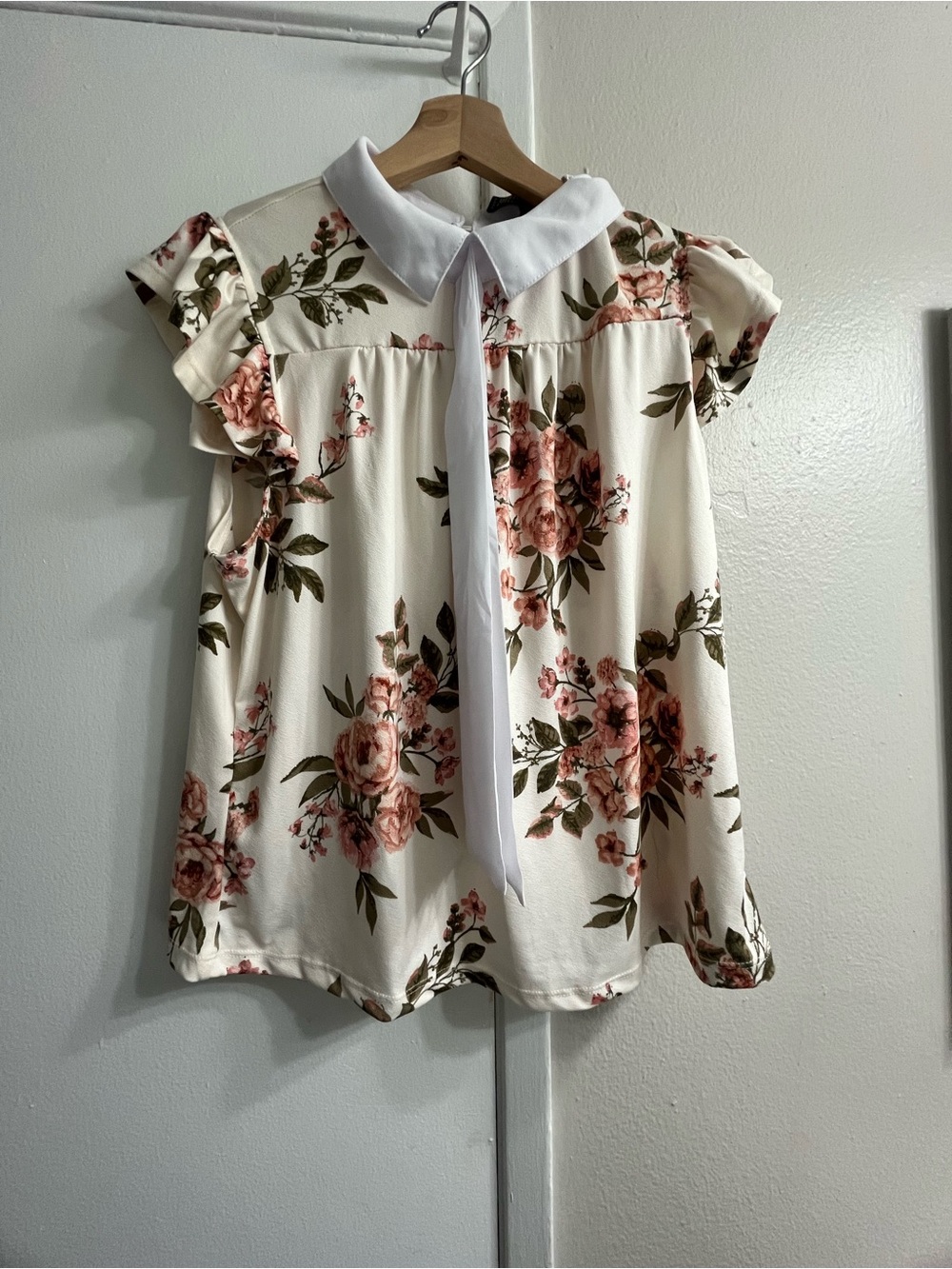 Cream Floral Peter Pan Collar Blouse with Tie